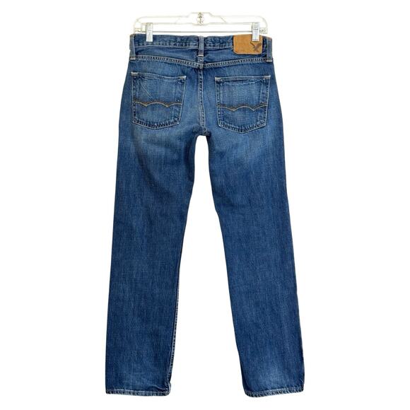 AEO Jeans Slim Straight Low Rise Men 30x29** Blue Fade Whiskers Stacks Casual - Picture 9 of 16